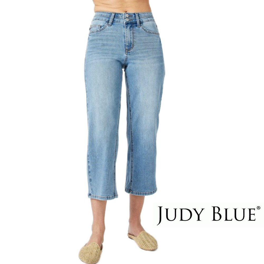 Judy Blue Cooling Technology HW Double Waistband Cropped Wide Leg Jeans
